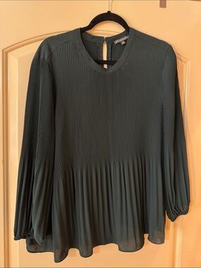 Adrianna Papell Pleated Dark Green Long-Sleeve Blouse XL